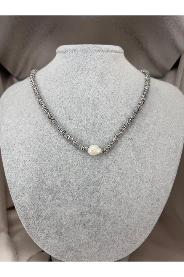 Women's Silver Color Twisted Chain Heart Pearl Detailed Choker Necklace Elegant Daily Stylish Neck Necklace