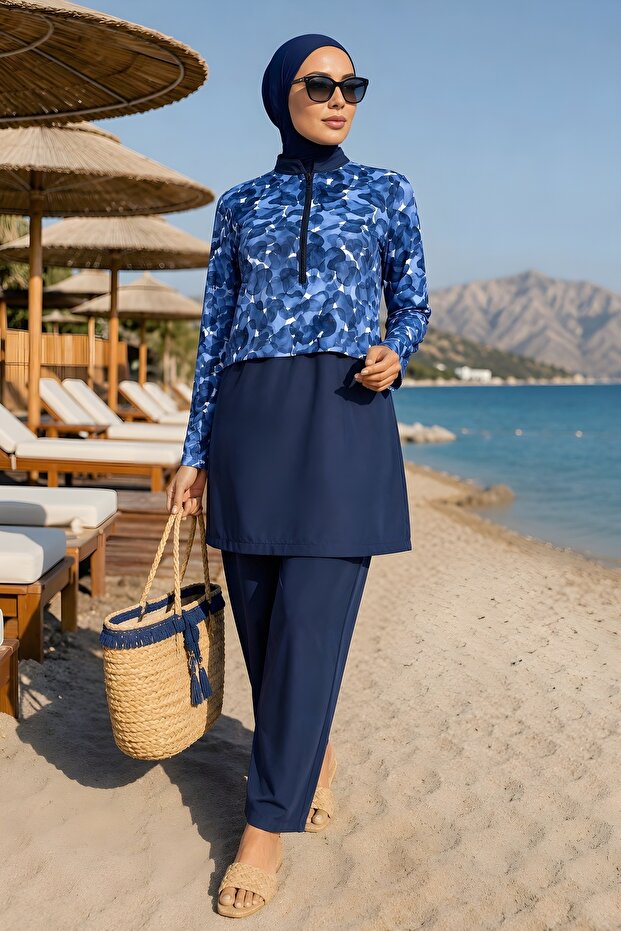 Navy Blue Waterproof Hijab 3-Piece Swimsuit Set