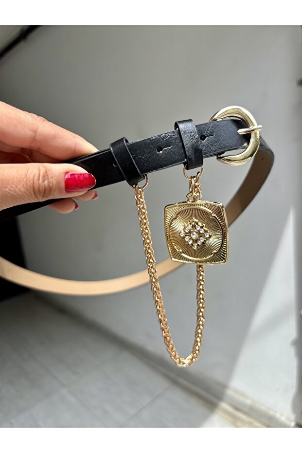 Women's Black Thin Belt with Accessories and Chain