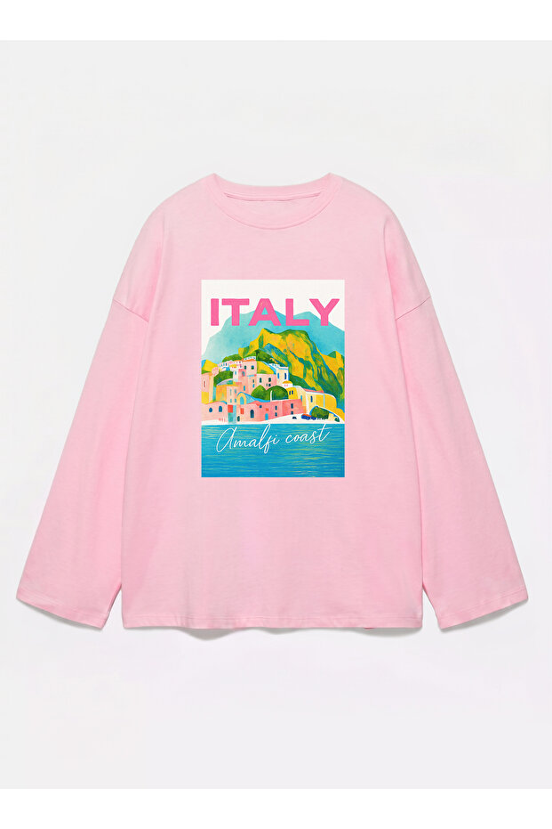 100% Cotton Oversize Fit Italy Printed - Crew Neck Long Sleeve T-Shirt