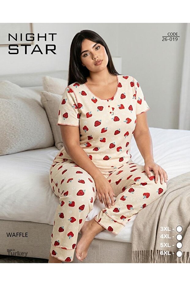 İkon Lace Strawberry Patterned Button Detailed Waffle Plus Size Pajama Set