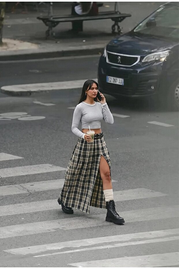 Women's Yellow Gray Plaid W6-34 Maxi Length Skirt with Belt Detail Special Design