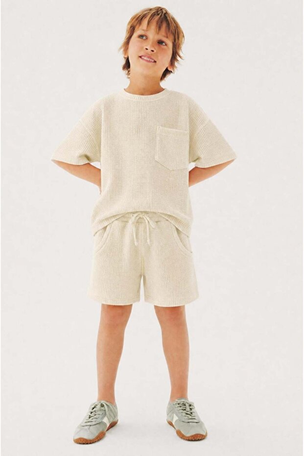 Boy's Cotton Ecru Waffle Textured T-Shirt Shorts Set