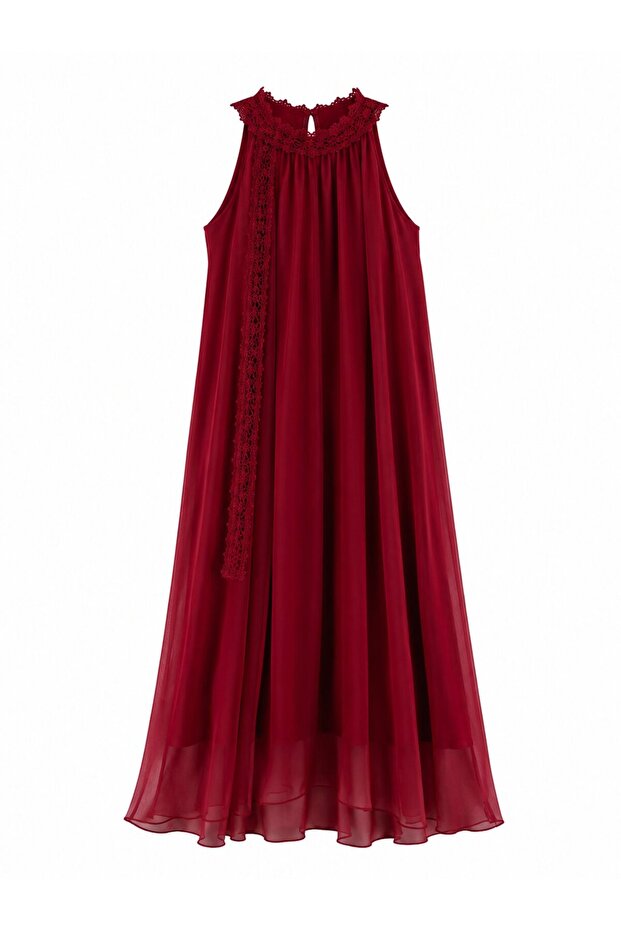 Red Collared Lace Long Dress - 3438