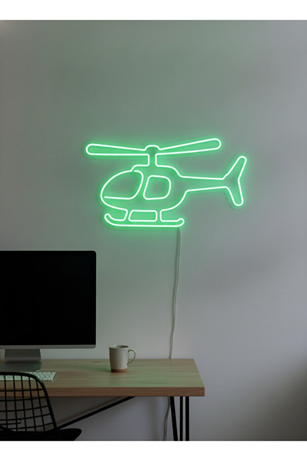Helikopter Figürlü LED Neon Duvar Tablosu | Yeşil Aydınlatmalı Modern Dekor | Genç Odası - 4
