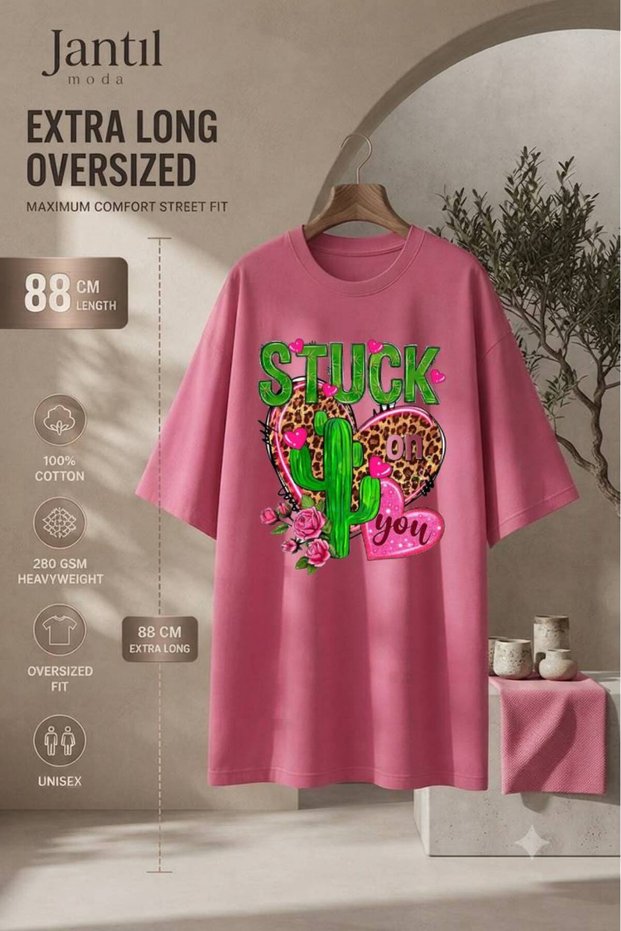 Collar Cactus and Leopard Heart Stuck on You Written Extra Long Oversize Tunic T-Shirt Short Sleeve