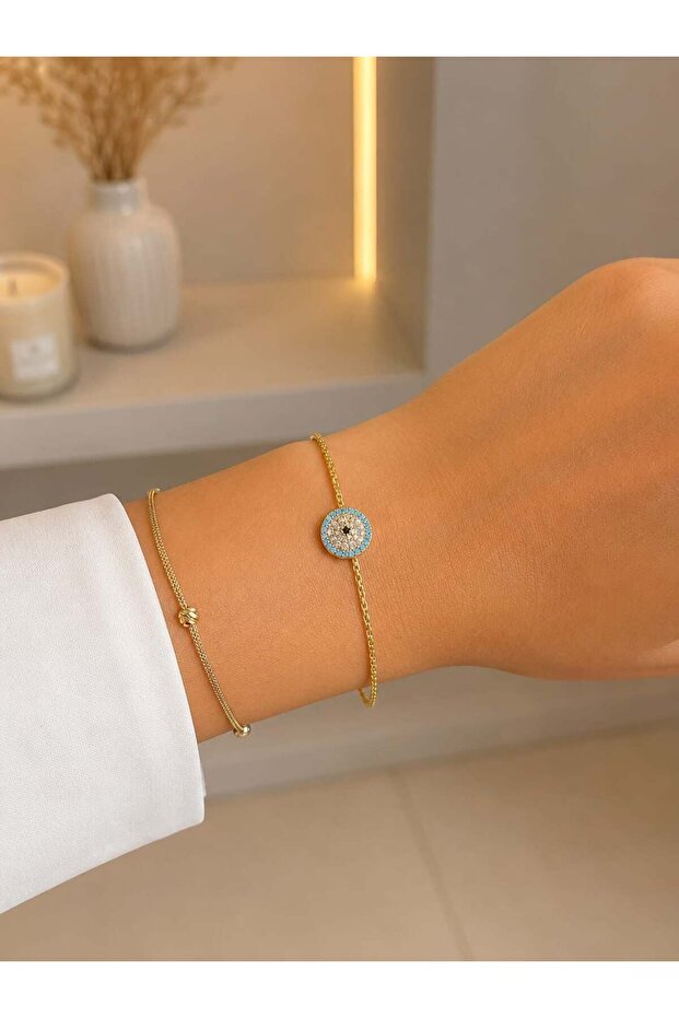 Gold Turquoise Stone Bracelet with Evil Eye Detail