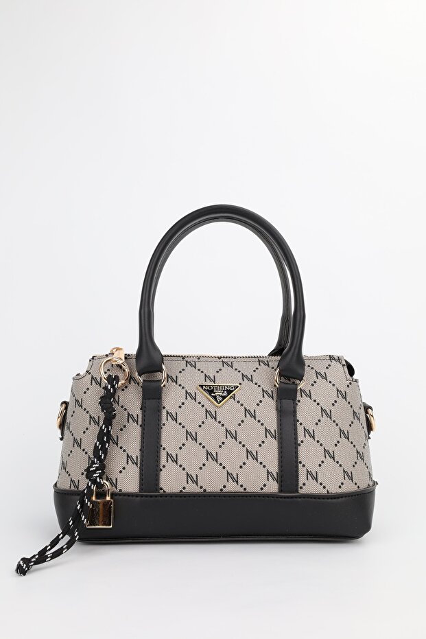 Women's Monogram Mink Black Leather Lock Charm Detailed Hand Shoulder and Crossbody Bag Elena