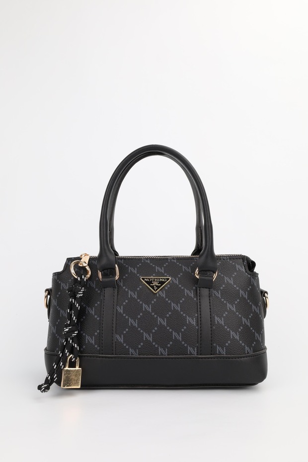 Women's Monogram Black Leather Lock Charm Detailed Shoulder and Crossbody Bag Elena