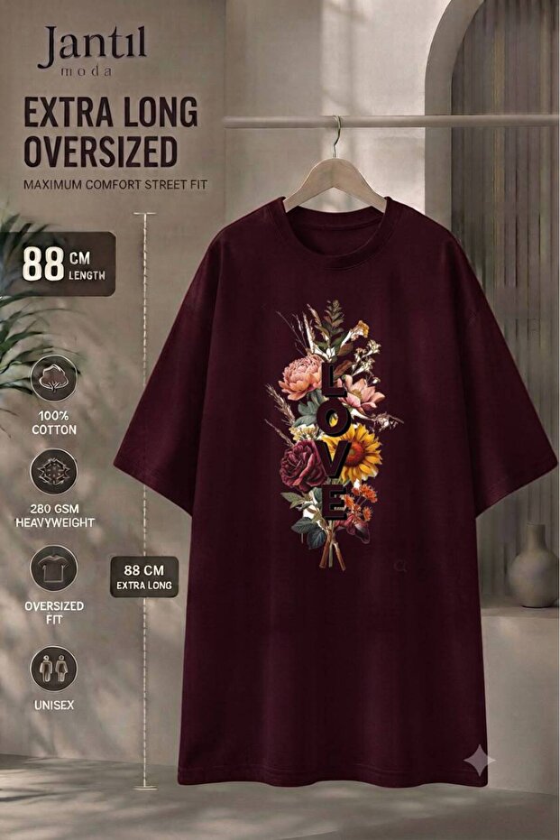 Crew Neck Vertical Love Lettering and Flower Bouquet Printed Extra Long Oversize Tunic T-Shirt Short Sleeve