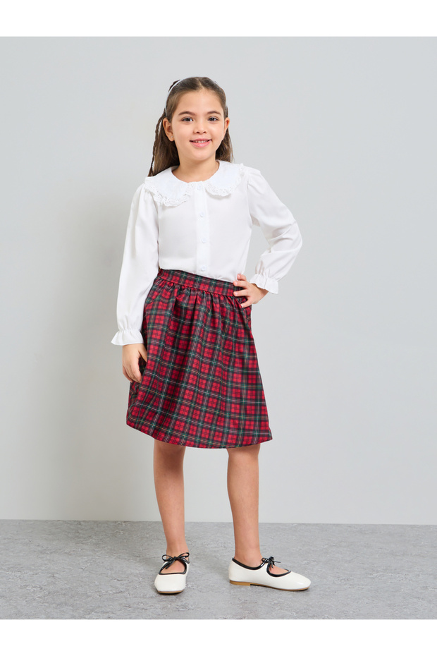 Girls Solid Cuffed Sleeves Blouse and Checked Knee Length Skirt Set