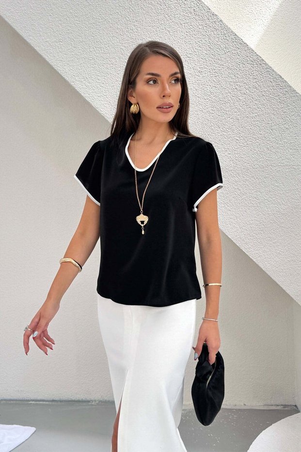 Black V-Neck Blouse with Pendant Detail
