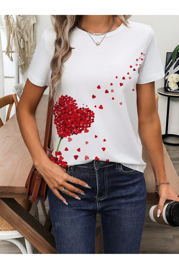 Women's White Dandelion Heart Printed Oversize T-Shirt