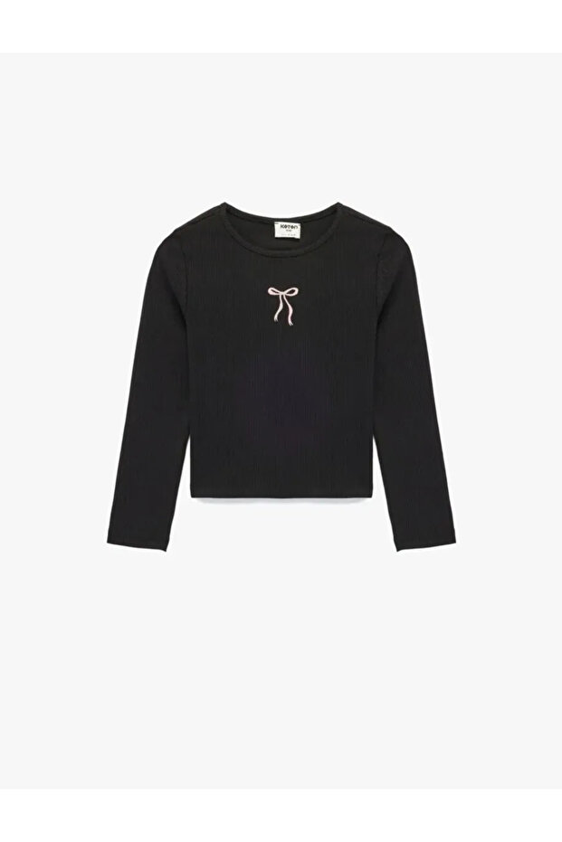 Bowknot Embroidery Detailed Long Sleeve Crew Neck T-Shirt for Girls - Black