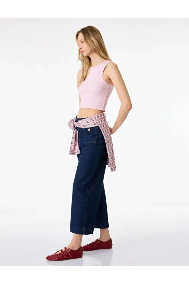 Cotton Pocketed Regular Waist Culotte Trousers - Culotte Jeans - Dark Indigo
