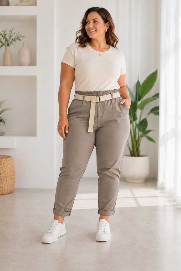 Women's Elastic Waist Belt Detailed Lycra Comfortable Fit Italian Trousers