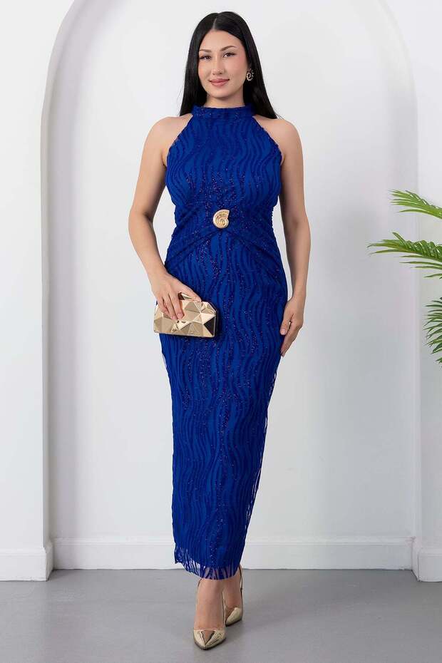 Halter Neck Dress with Waist Buckle and Tie Grs4023