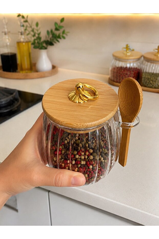 Striped Glass Spice Jar with Spoon 800 ml - Storage Container with Gold Ring Handle and Bamboo Lid Dh 57-59