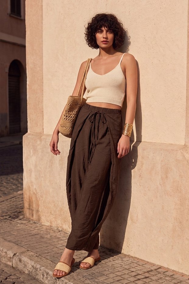 Women's Trousers with Tie Front Detail - Bitter Brown