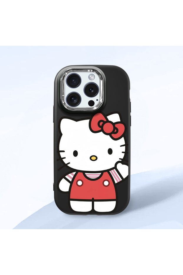 iPhone 15 Pro Compatible Case with Camera Protector Black Silicone Couple Phone Case with Kitty Pattern