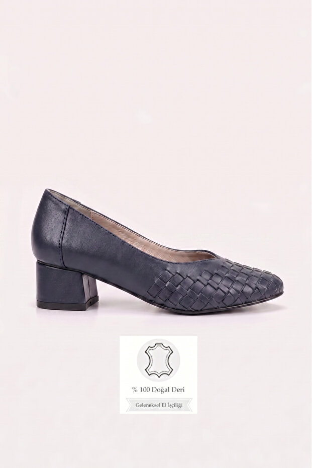 Women's Navy Blue Braided Genuine Leather Heeled Shoes, Size 35-41