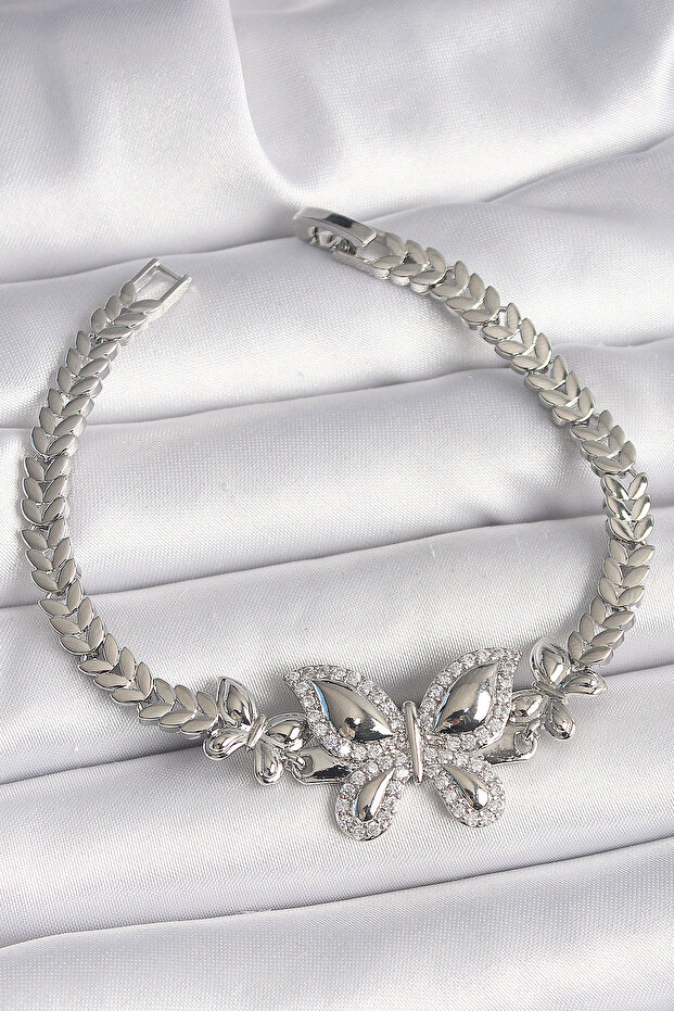 Brass Silver Color Zircon Stone Butterfly Model Women's Bracelet