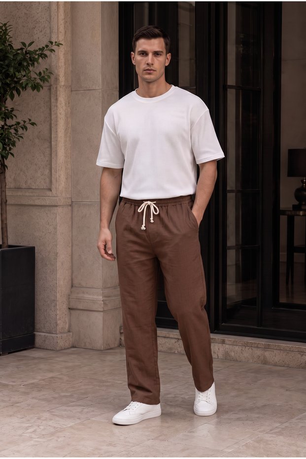 Men's Brown Muslin Look Baggy Trousers Loose Fit Comfortable Casual Trousers