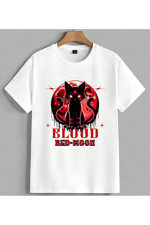 Blood Red Moon Black Cat Demon Printed Unisex Oversize T-Shirt White