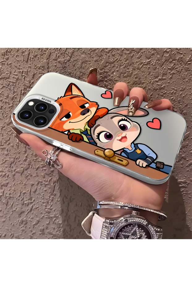 iPhone 13 Pro Compatible High Quality Cartoon Fox and Rabbit Couple Printed Case