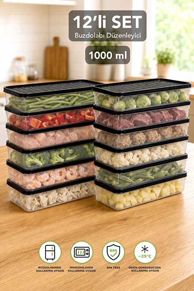 12-Piece Refrigerator Organizer - Kitchen Organizer Multi-Purpose Storage Container Suitable for Freezing 1000ml Anthracite