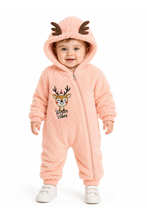 Sweet Deer Embroidered Welsoft Plush Hooded Zippered Winter Unisex Baby Romper