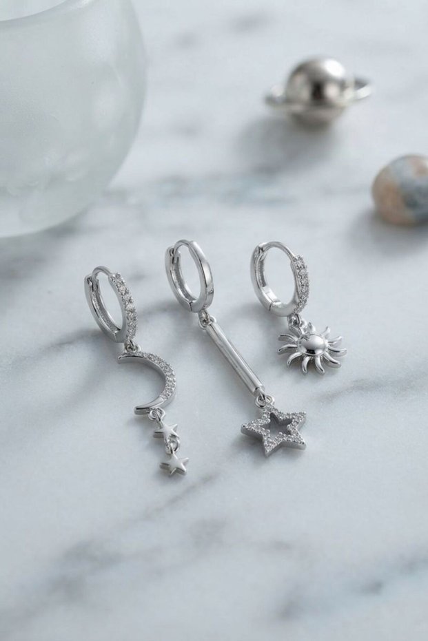 Set of 3 Moon, Star and Sun Model Silver Color Women's Earrings Tj-Bkp11957