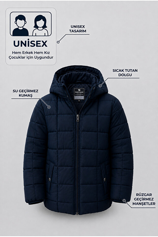 Children's Unisex Navy Blue Regular Fit Square Detailed Hooded Coat