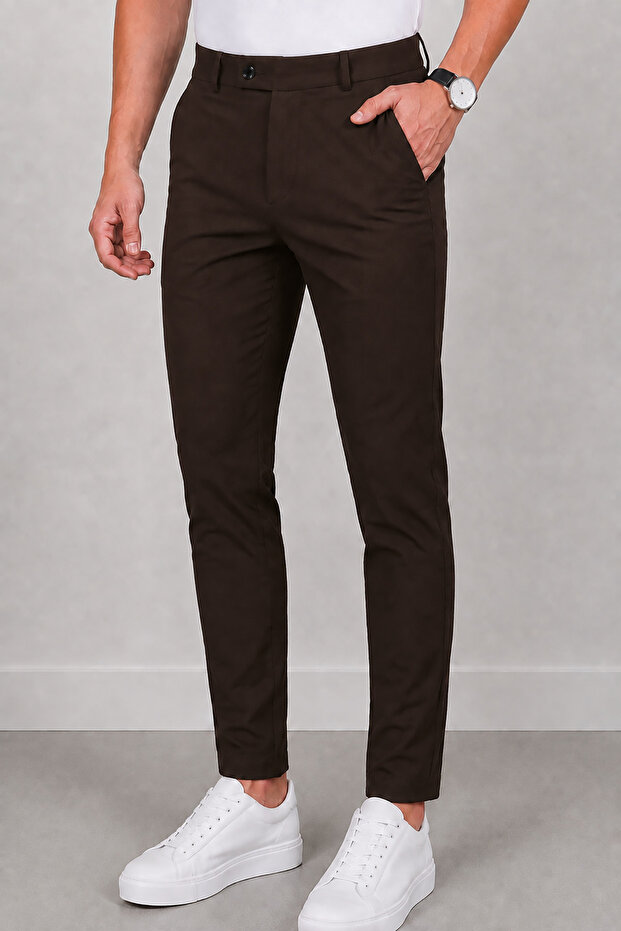 Men's Brown Slim Fit a Quality Classic Fabric Trousers