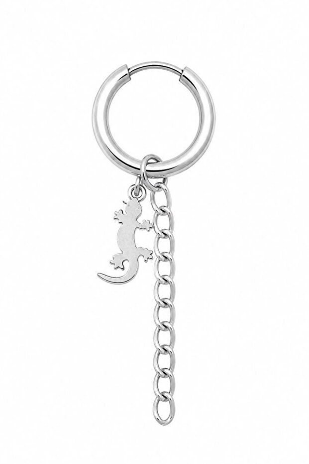 Unisex Silver Color Surgical Steel Dangle Lizard and Chain Figured Hoop Earrings 1 Piece