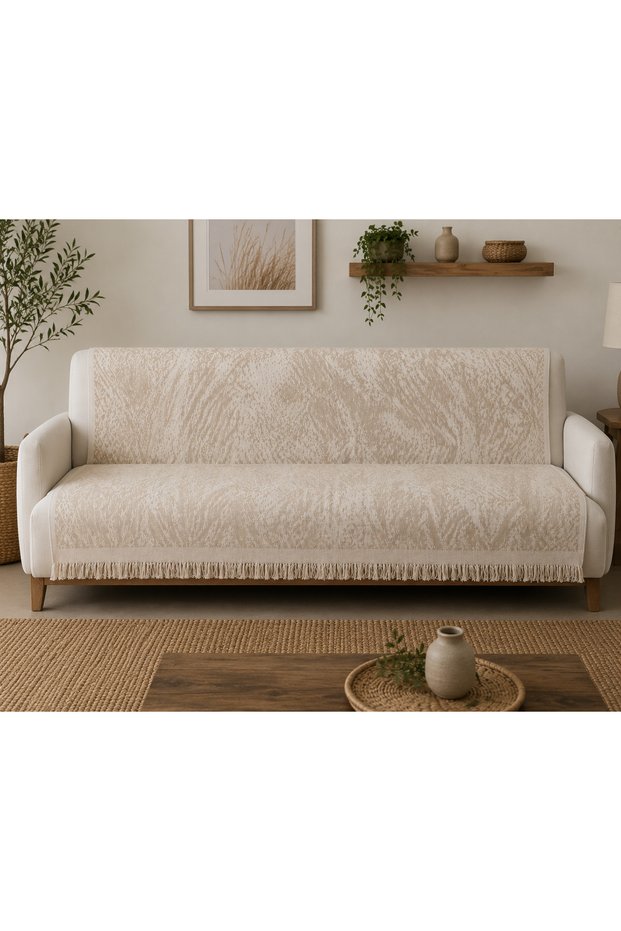 Buldan Cotton Jacquard Pattern Beige Sofa Cover & Multi-Purpose Cover