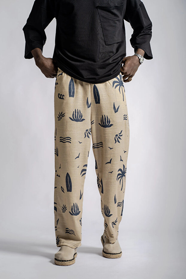 Elastic Waist Pipe Leg Patterned Trousers