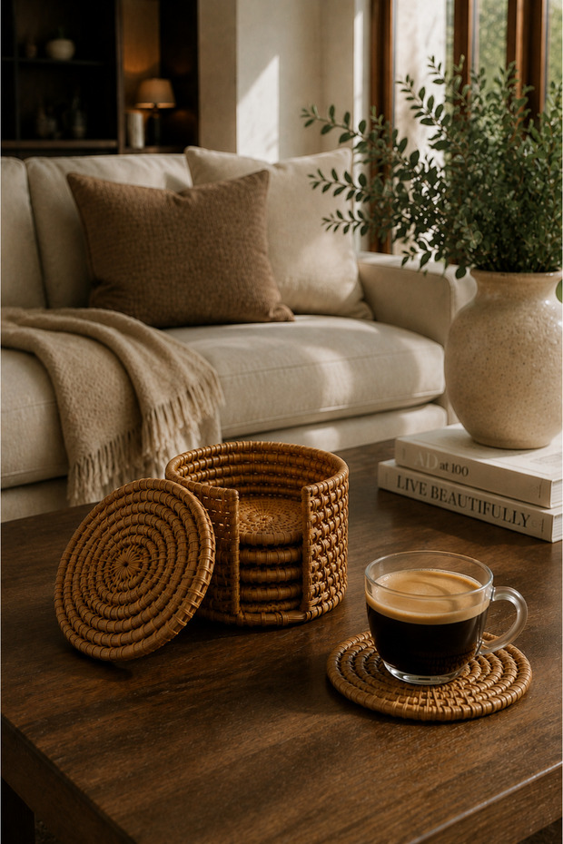 Rattan Boxed Set of 6 Coasters 10 Cm, Bohemian, Modern, Bamboo, Nordic