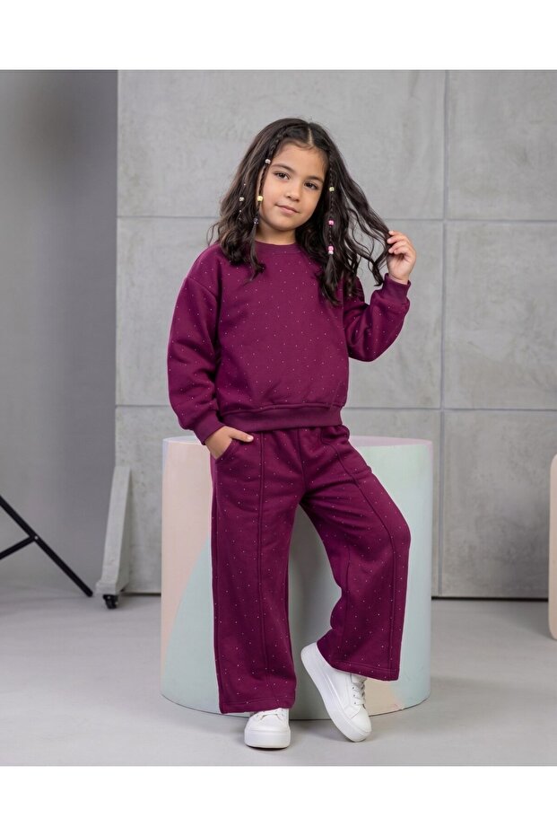 Girl's Stoned Winter 3-Threaded Cotton Set, 5-6-7-8-9-10 Years Old, Wide-Legged Pants, 2-Piece Top and Bottom Set