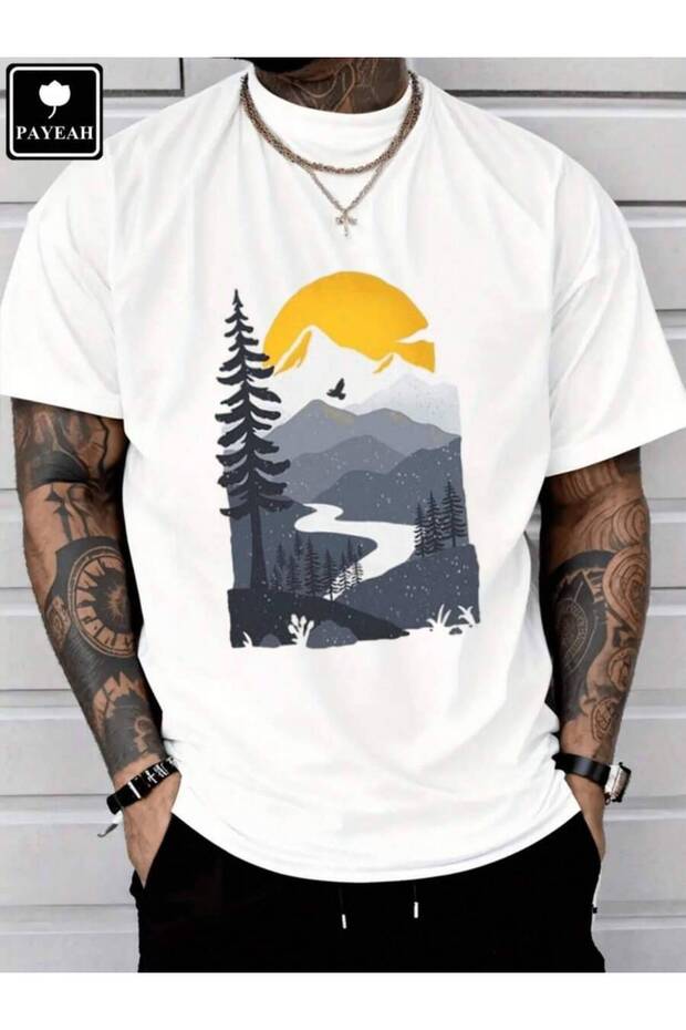 تي شيرت PAYEAH Hiking Sunset Print مصنوع من القطن الثقيل بنسبة 100%