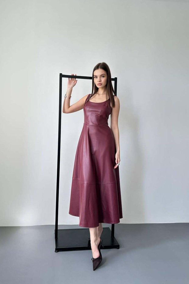 Women's Burgundy Strappy Faux Leather Look Square Neck Waist Accent Midi Dress