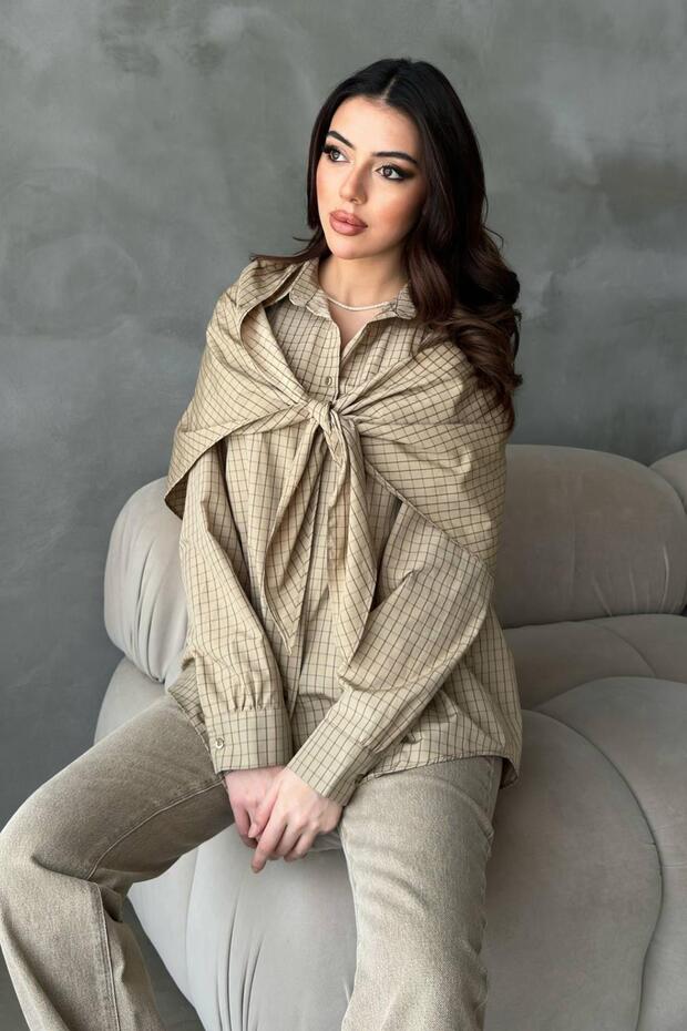Women's Camel Shirt with Plaid Pattern, Oversized, Shawl Detail, Long Sleeve, Asymmetrical