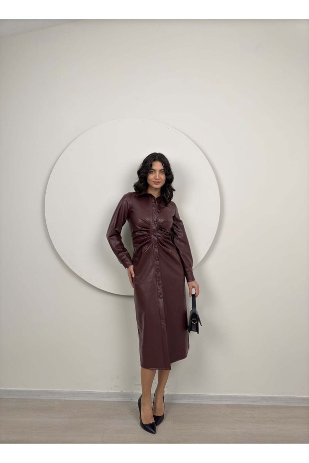 Women's Burgundy - Bordo Faux Leather Shirt Collar Gathered Buttoned Slit Midi Dress