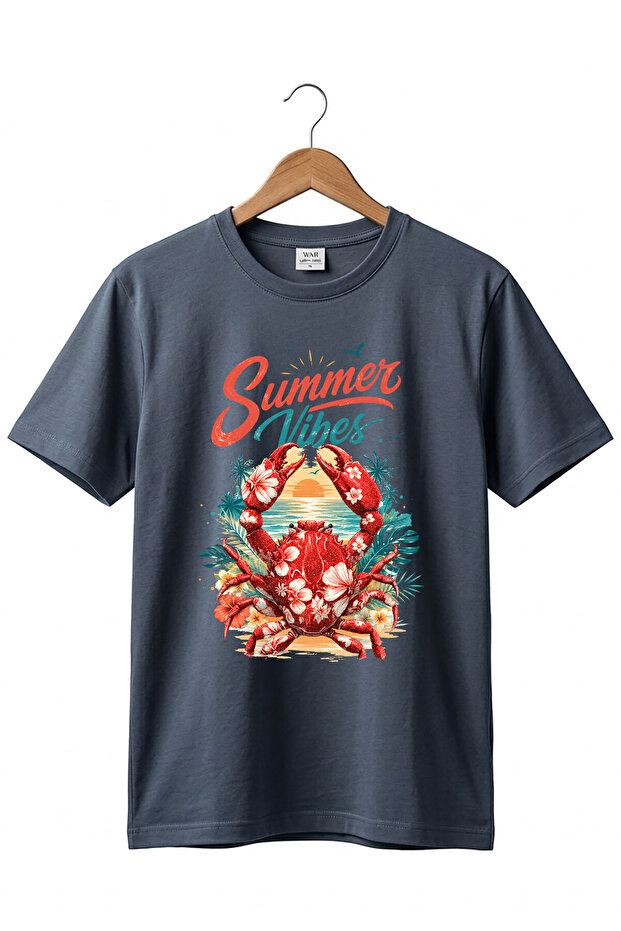 تي شيرت Summer Vibes مطبوع عليه سرطان البحر، مصنوع من القطن بنسبة 100%، ذو قصة عادية وياقة دائرية، تي شيرت أساسي