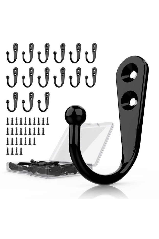 15 black wall-mounted coat hooks with 30 screws, for towels, keys, bathrobes, scarves, bags, hats, coffee mugs, and tumblers.