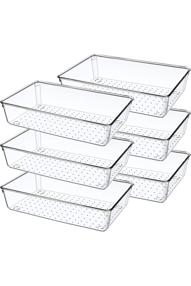 6-Piece Plastic Drawer Storage Boxes Set for Bathroom, Kitchen, Vanity, Refrigerator, Cosmetics, Cutlery & Office