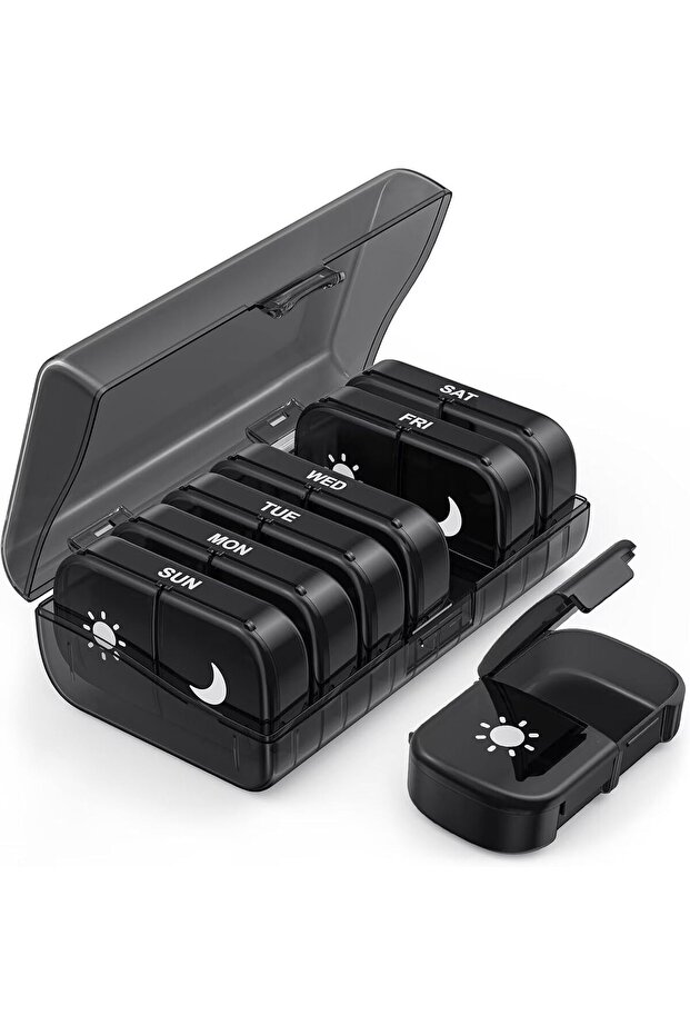 Extra-Large Weekly Pill Organizer Twice a Day Single-Sided Opening Easy Refill 7 Days Black Privacy AM PM Holder 2-Pack