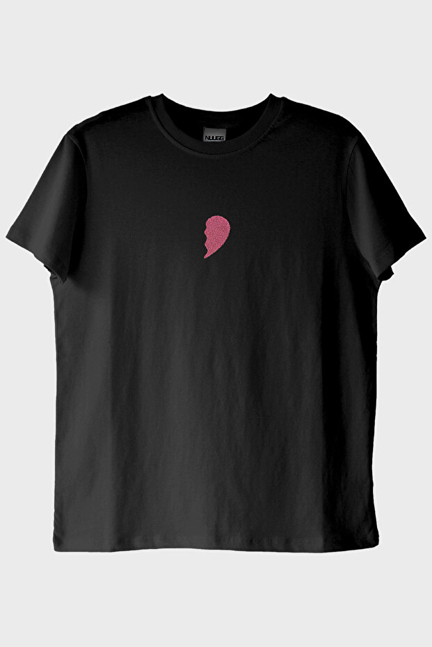 Black T-Shirt with Pink Half Heart Pattern - Valentine's Day Gift