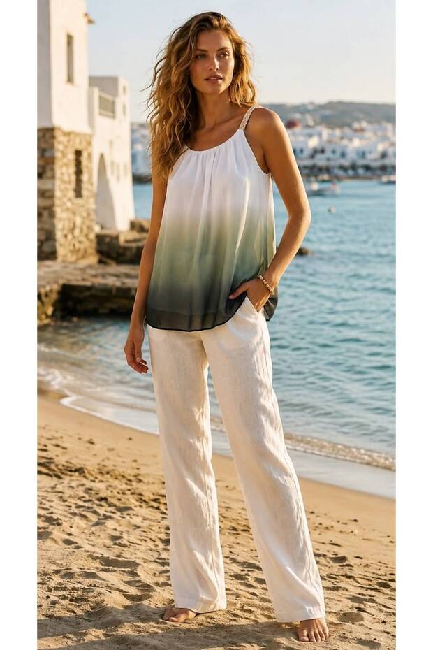 Italian Chiffon Lined Gradient Patterned Women's Blouse with Straps – Loose Fit Summer Stylish Blouse
