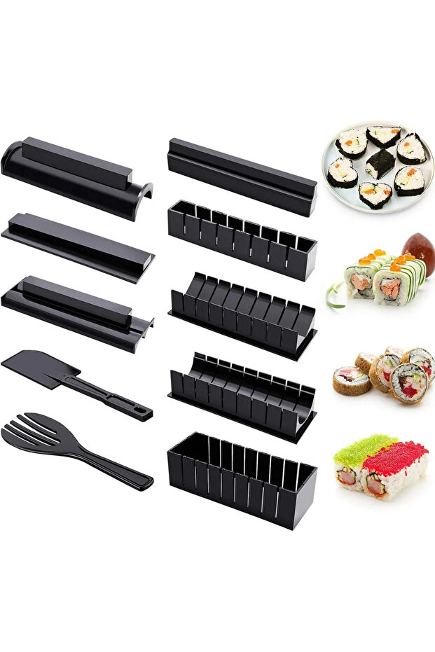 10-piece beginner plastic sushi making kit with 8 rice molds, fork, and spatula